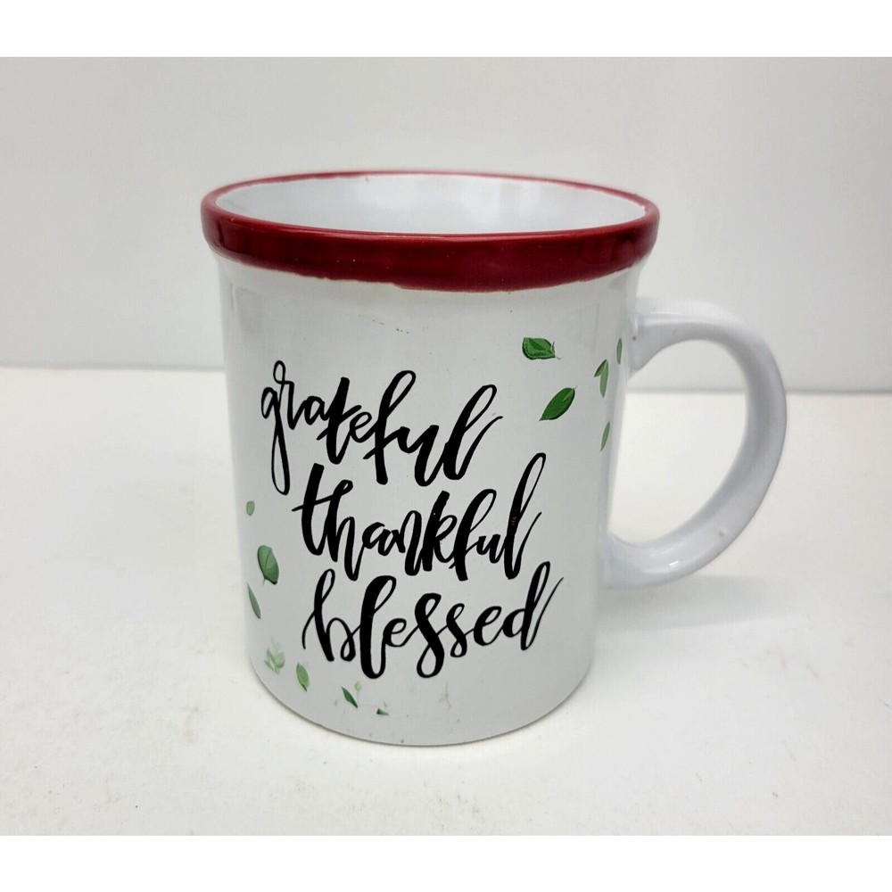 Grateful Thankful Blessed Mug Coffee Cup Oversized by Design Pac White & Red